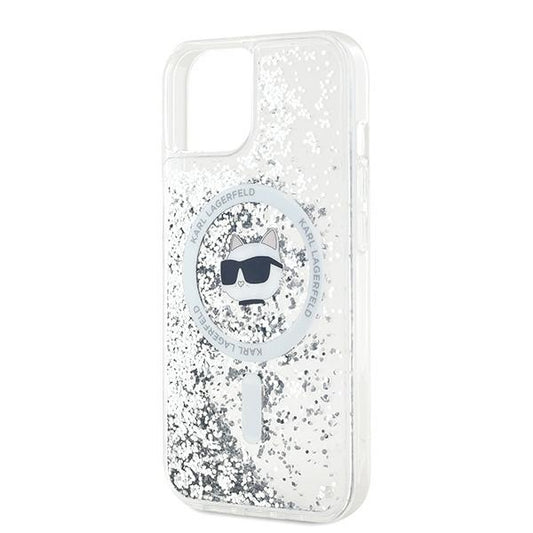 Husa MagSafe za Apple iPhone 14, Karl Lagerfeld, Liquid Glitter Choupette's Head, Transparentna