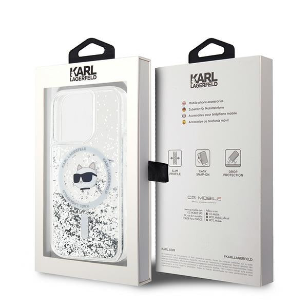 Husa MagSafe za Apple iPhone 14 Pro, Karl Lagerfeld, Liquid Glitter Choupette's Head, Transparentna