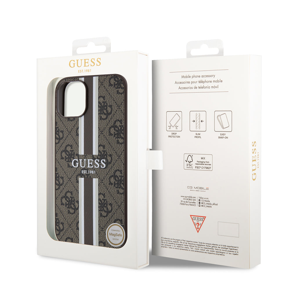 Futrola MagSafe za Apple iPhone 15, Guess, 4G Printed Stripes, Braon