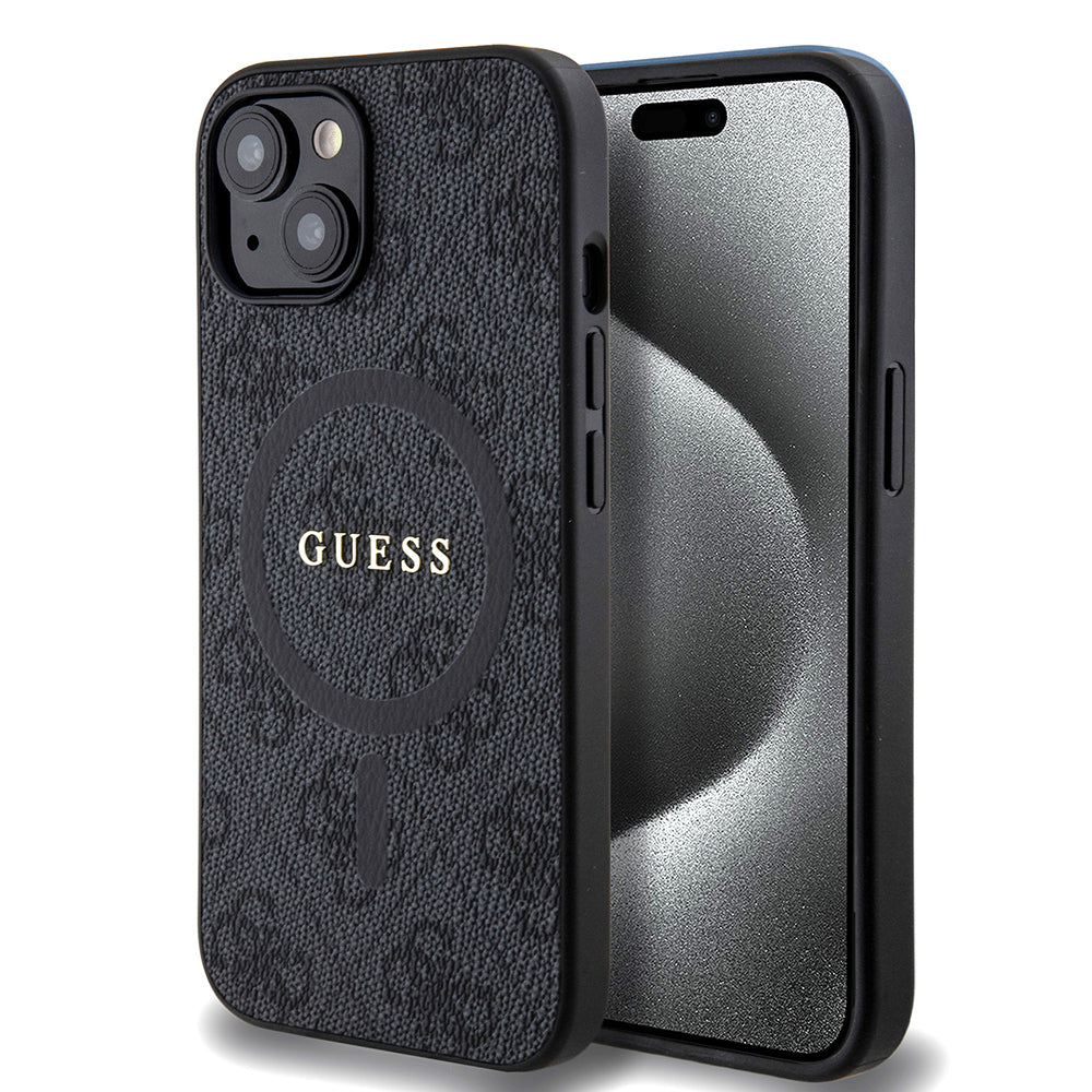 Futrola MagSafe za Apple iPhone 15, Guess, 4G Ring Classic Logo, Crna