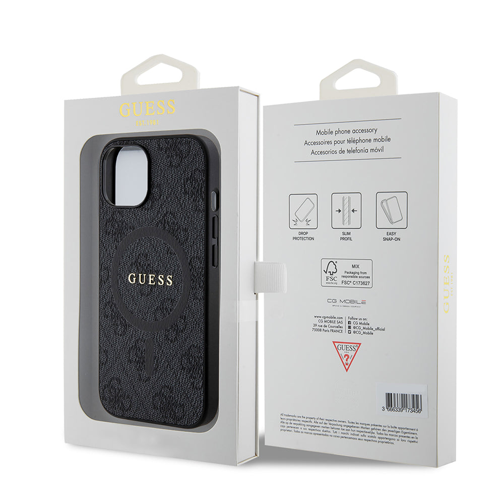 Futrola MagSafe za Apple iPhone 15, Guess, 4G Ring Classic Logo, Crna