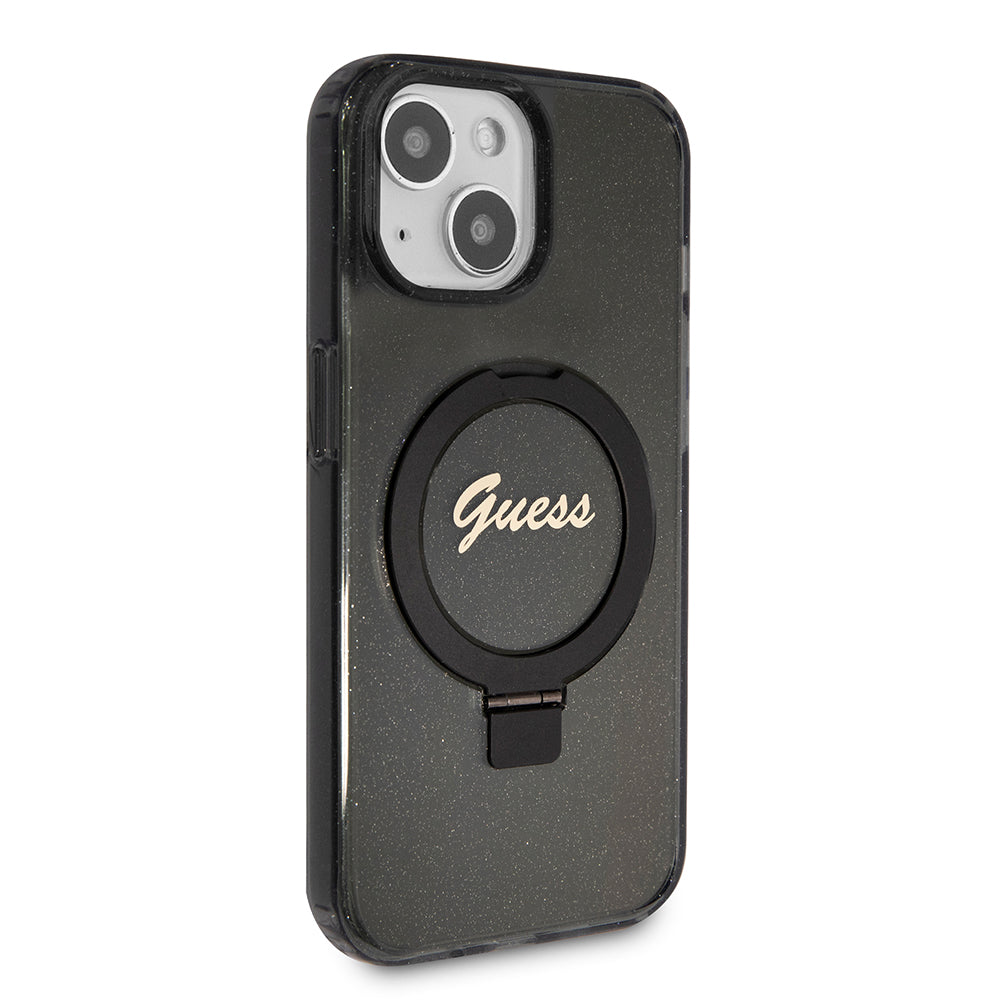 Futrola MagSafe za Apple iPhone 15, Guess, Ring Stand Script Glitter, Crna