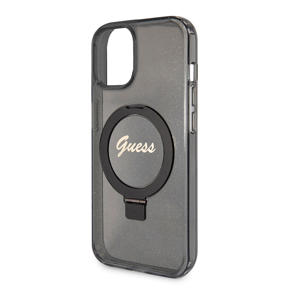 Futrola MagSafe za Apple iPhone 15, Guess, Ring Stand Script Glitter, Crna