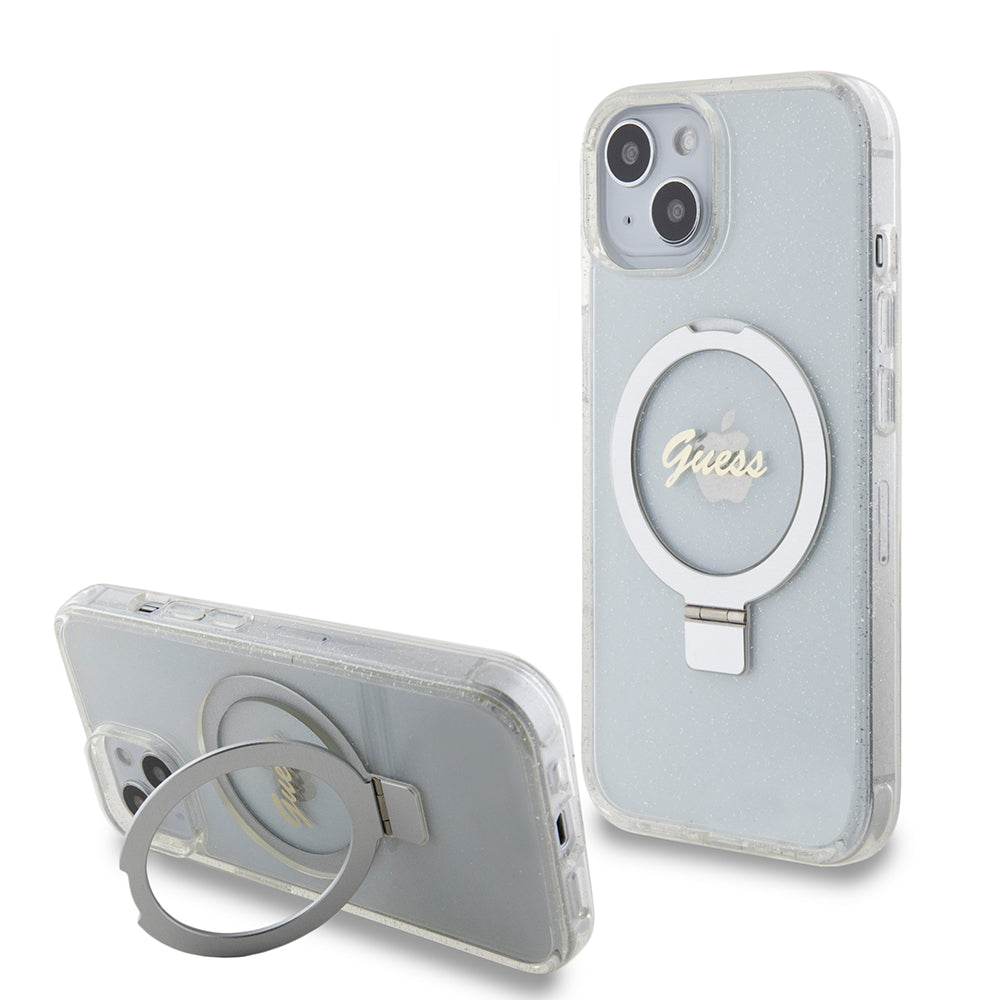 Futrola MagSafe za Apple iPhone 15, Guess, Ring Stand Script Glitter, Providna