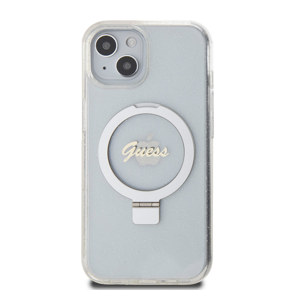 Futrola MagSafe za Apple iPhone 15, Guess, Ring Stand Script Glitter, Providna