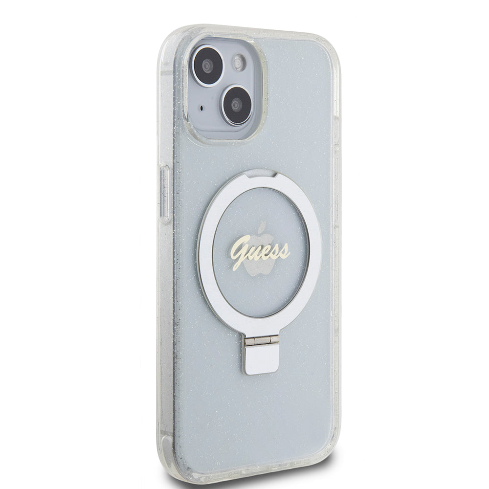 Futrola MagSafe za Apple iPhone 15, Guess, Ring Stand Script Glitter, Providna