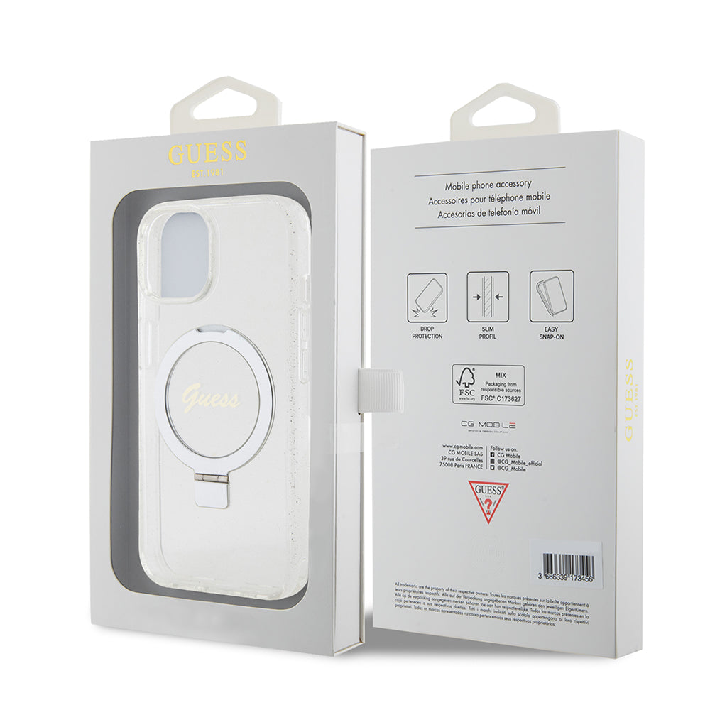Futrola MagSafe za Apple iPhone 15, Guess, Ring Stand Script Glitter, Providna