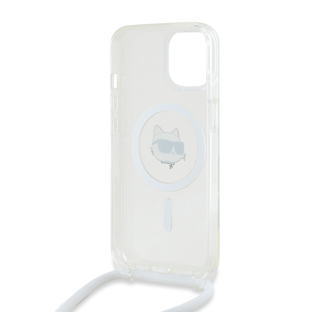 Futrola MagSafe za Apple iPhone 15, Karl Lagerfeld, IML Crossbody Choupette's Head with Strap, Transparentna