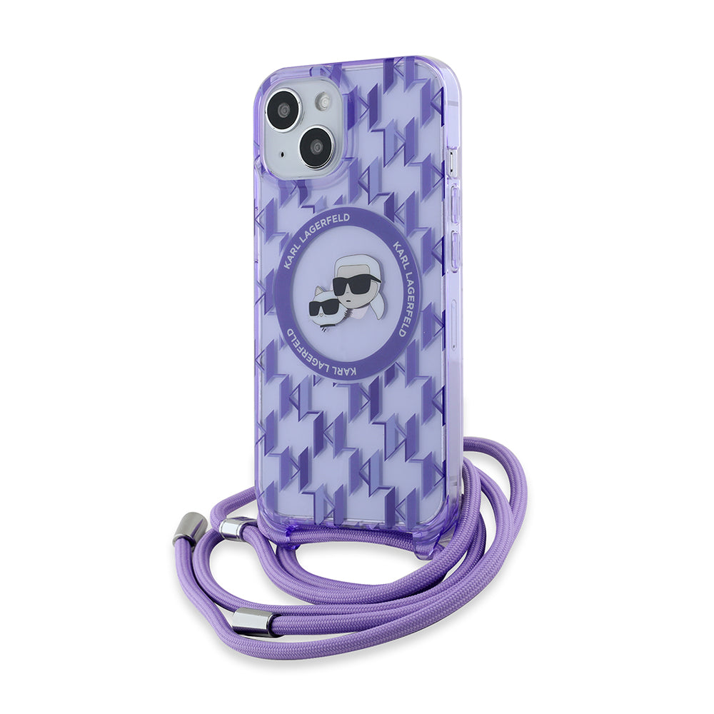 Husa MagSafe za Apple iPhone 15, Karl Lagerfeld, IML Crossbody Monogram Karl & Choupette's Heads, Ljubičasta