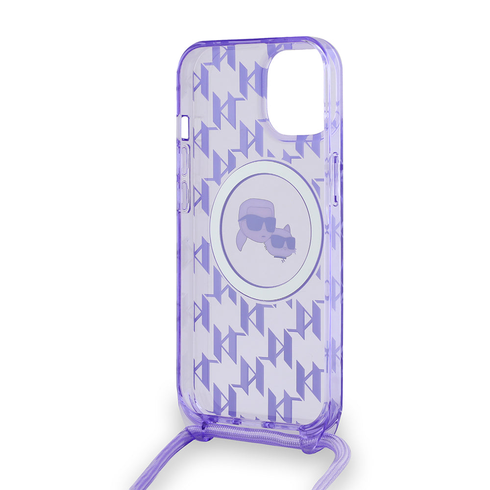 Husa MagSafe za Apple iPhone 15, Karl Lagerfeld, IML Crossbody Monogram Karl & Choupette's Heads, Ljubičasta