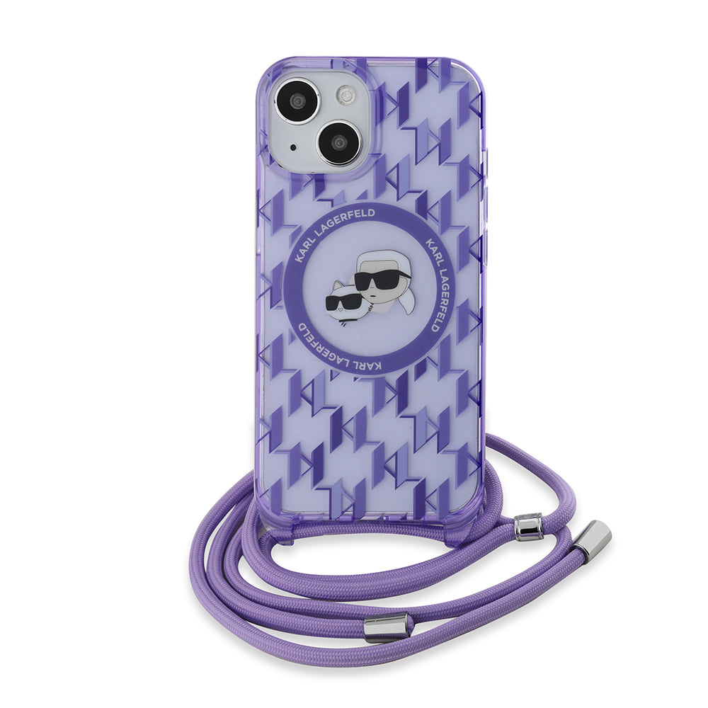 Husa MagSafe za Apple iPhone 15, Karl Lagerfeld, IML Crossbody Monogram Karl & Choupette's Heads, Ljubičasta