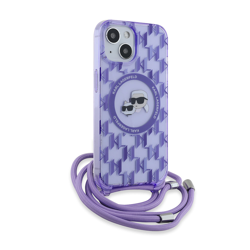 Husa MagSafe za Apple iPhone 15, Karl Lagerfeld, IML Crossbody Monogram Karl & Choupette's Heads, Ljubičasta