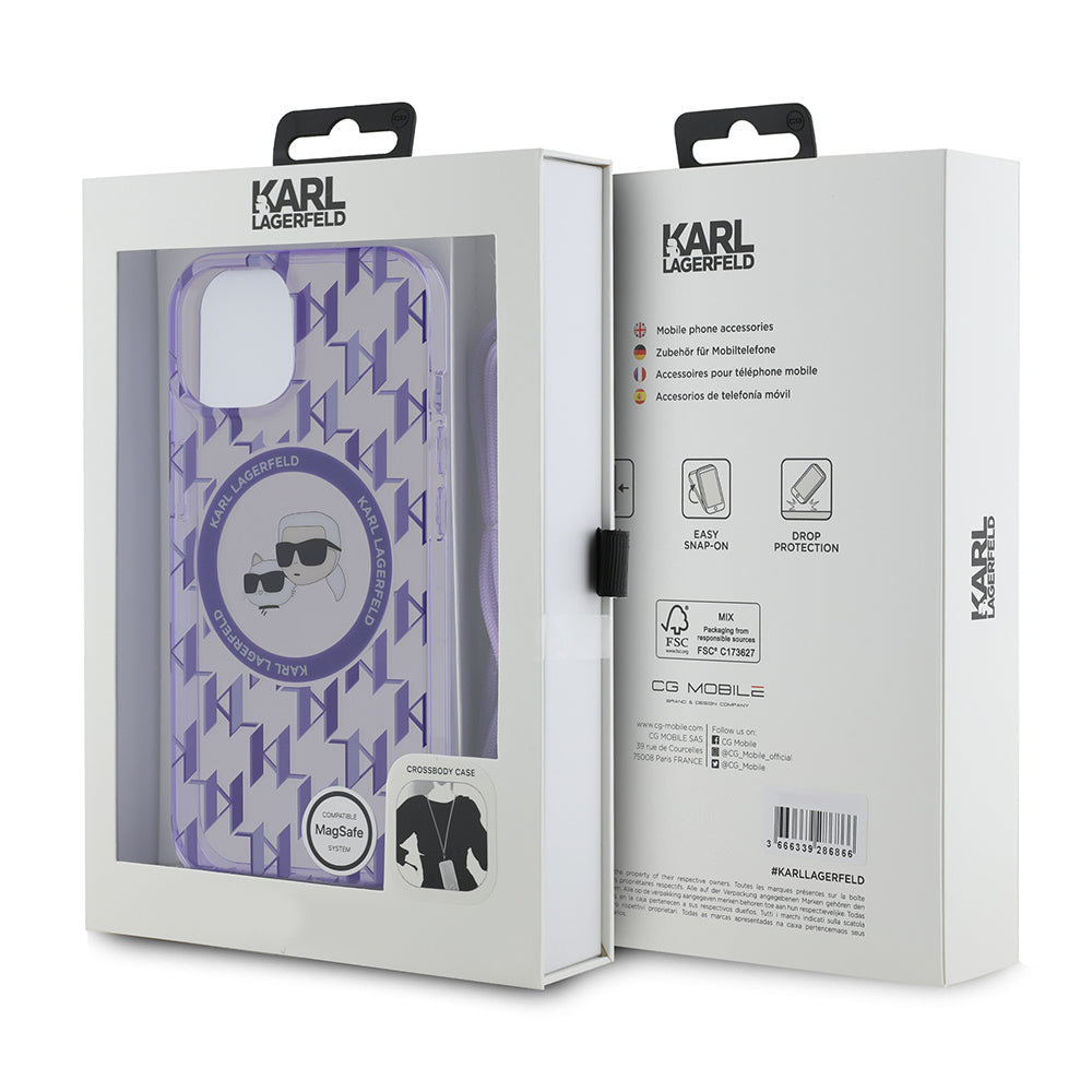 Husa MagSafe za Apple iPhone 15, Karl Lagerfeld, IML Crossbody Monogram Karl & Choupette's Heads, Ljubičasta