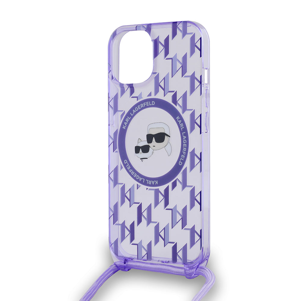 Husa MagSafe za Apple iPhone 15, Karl Lagerfeld, IML Crossbody Monogram Karl & Choupette's Heads, Ljubičasta