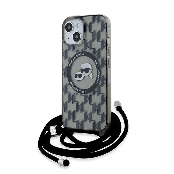 Futrola MagSafe za Apple iPhone 15, Karl Lagerfeld, IML Crossbody Monogram Karl & Choupette's Heads, Crna