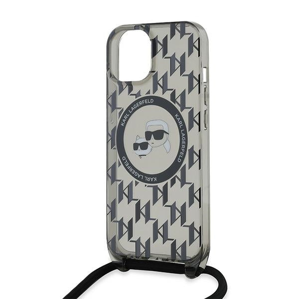 Futrola MagSafe za Apple iPhone 15, Karl Lagerfeld, IML Crossbody Monogram Karl & Choupette's Heads, Crna