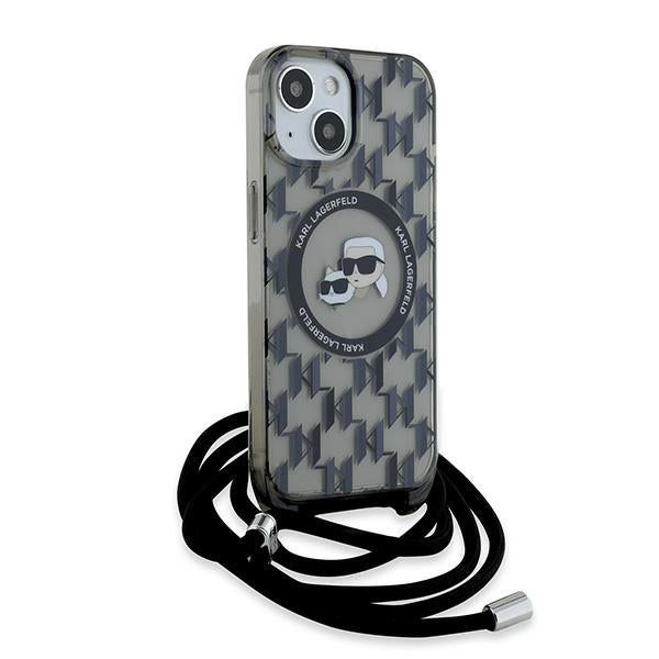 Futrola MagSafe za Apple iPhone 15, Karl Lagerfeld, IML Crossbody Monogram Karl & Choupette's Heads, Crna
