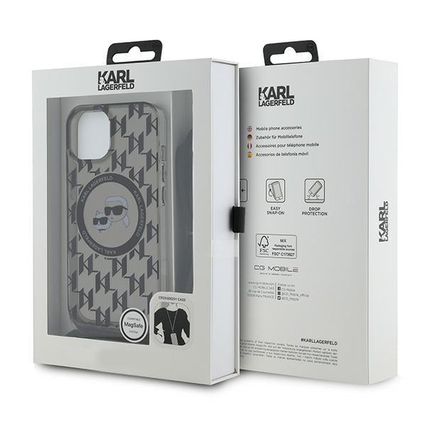 Futrola MagSafe za Apple iPhone 15, Karl Lagerfeld, IML Crossbody Monogram Karl & Choupette's Heads, Crna