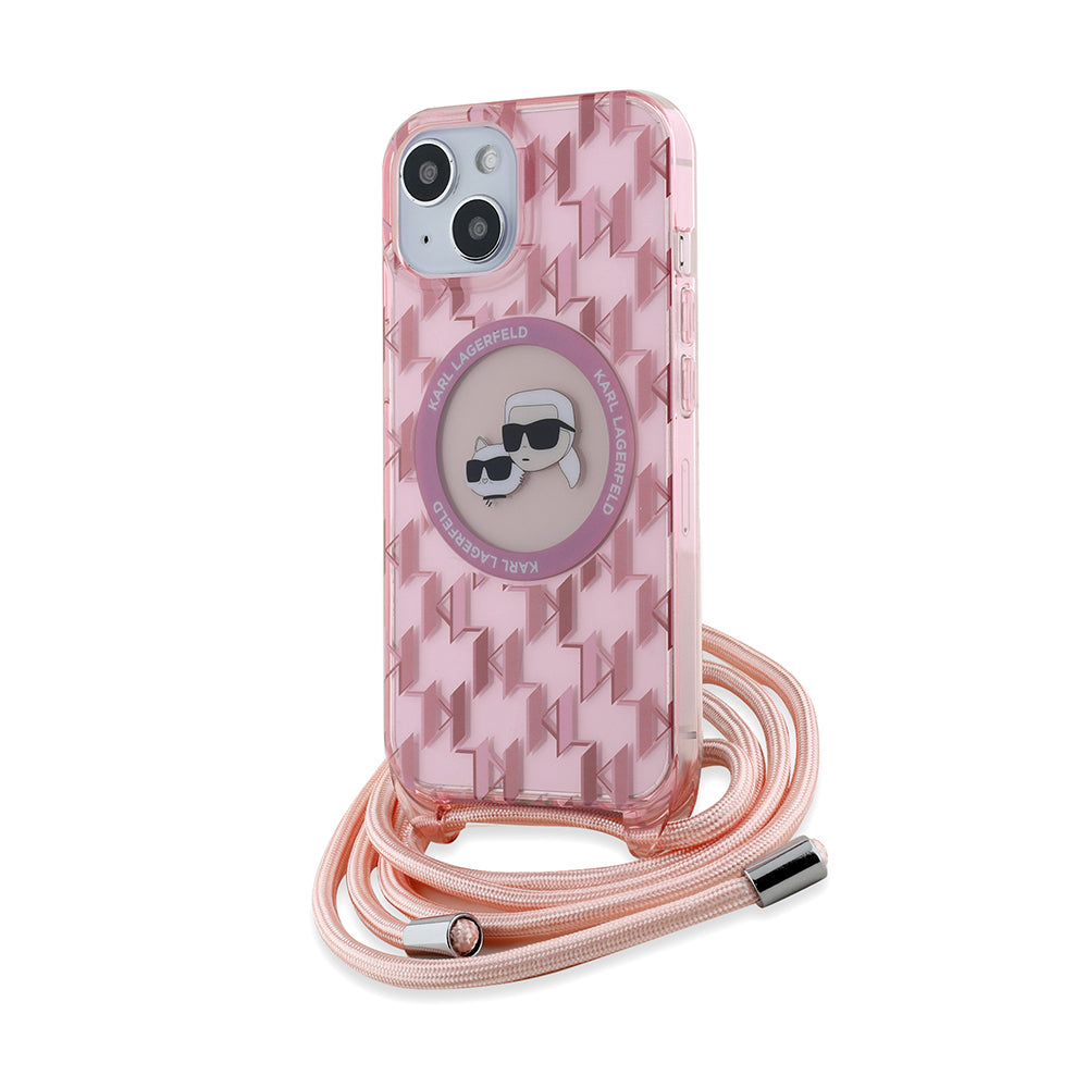 Futrola MagSafe za Apple iPhone 15, Karl Lagerfeld, IML Crossbody Monogram Karl & Choupette's Heads, Roze