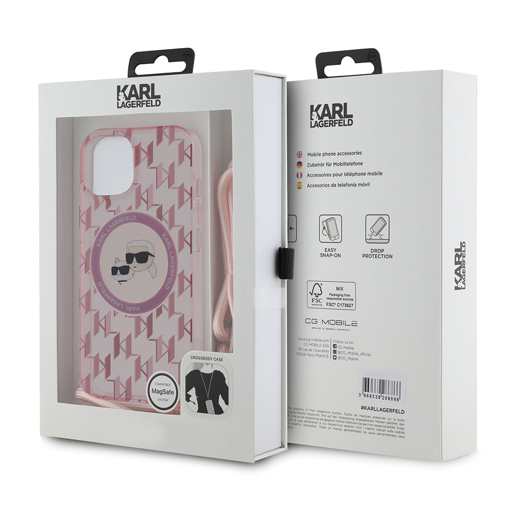 Futrola MagSafe za Apple iPhone 15, Karl Lagerfeld, IML Crossbody Monogram Karl & Choupette's Heads, Roze