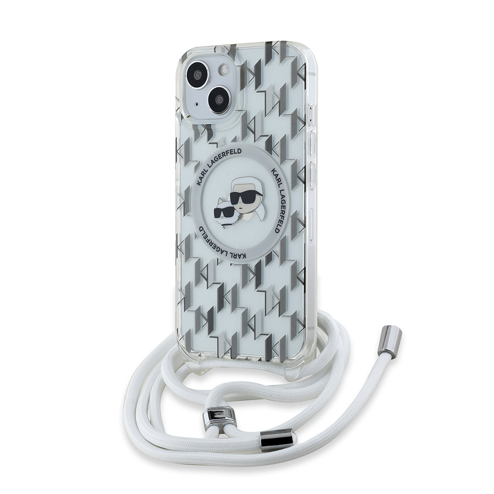Futrola MagSafe za Apple iPhone 15, Karl Lagerfeld, IML Crossbody Monogram Karl & Choupette's Heads, Transparentna