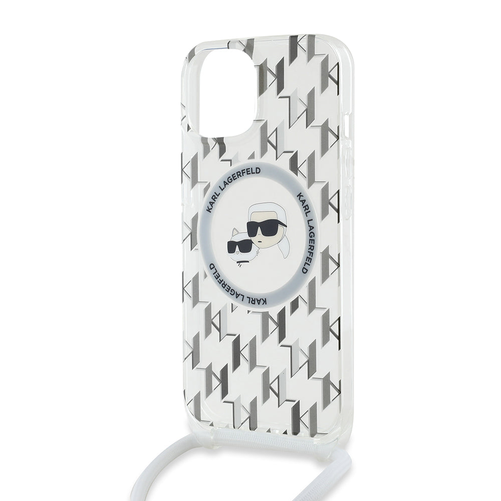 Futrola MagSafe za Apple iPhone 15, Karl Lagerfeld, IML Crossbody Monogram Karl & Choupette's Heads, Transparentna