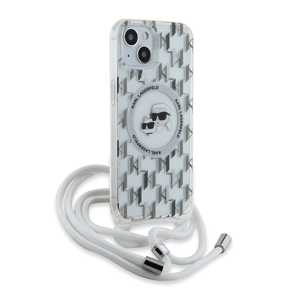 Futrola MagSafe za Apple iPhone 15, Karl Lagerfeld, IML Crossbody Monogram Karl & Choupette's Heads, Transparentna