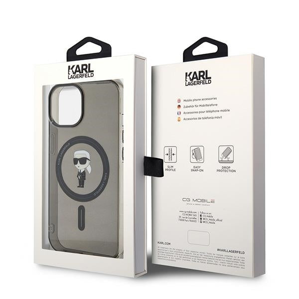 Futrola MagSafe za Apple iPhone 15, Karl Lagerfeld, IML Ikonik Karl, Crna