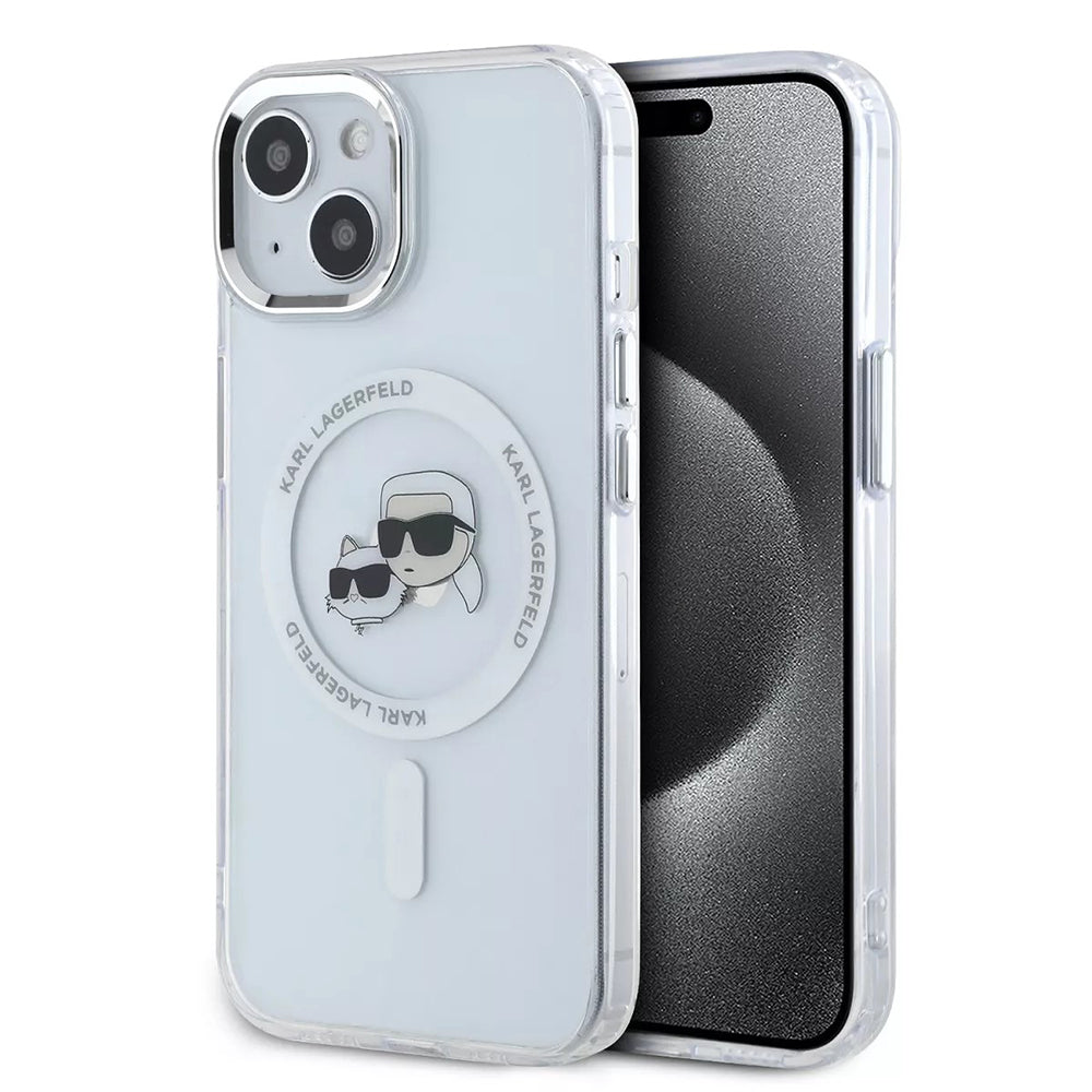 Husa MagSafe za Apple iPhone 15, Karl Lagerfeld, IML Metal Karl & Choupette's Heads, Bela
