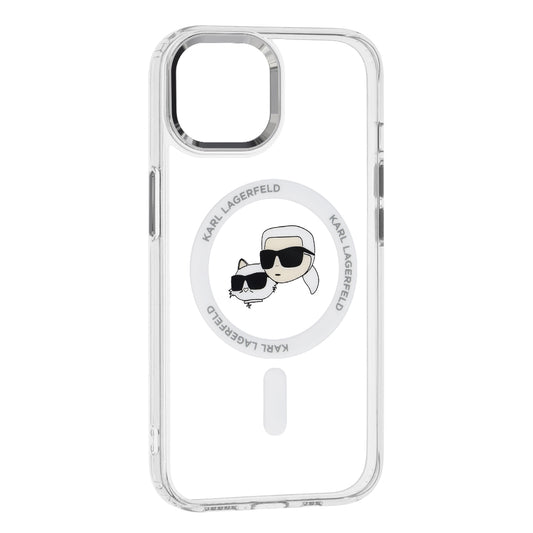 Husa MagSafe za Apple iPhone 15, Karl Lagerfeld, IML Metal Karl & Choupette's Heads, Bela