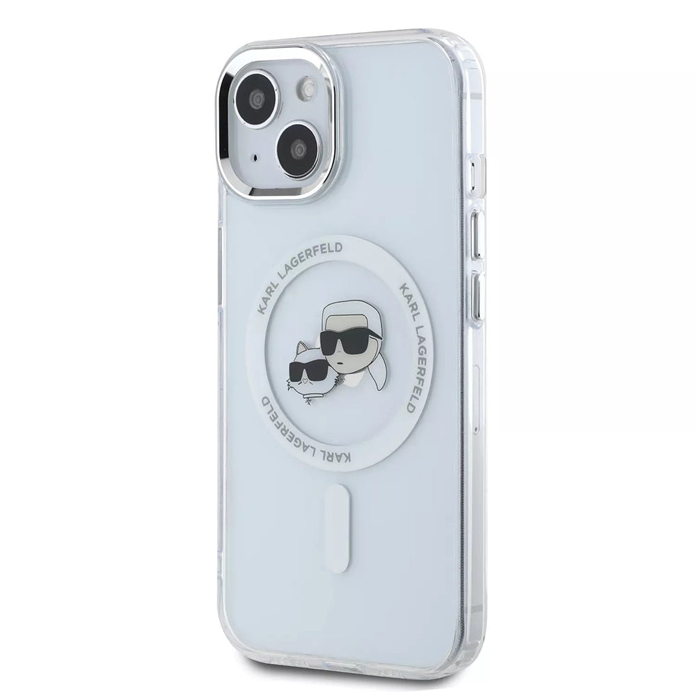 Husa MagSafe za Apple iPhone 15, Karl Lagerfeld, IML Metal Karl & Choupette's Heads, Bela