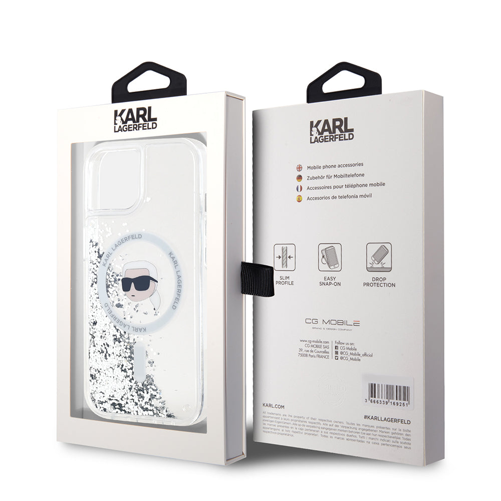 Futrola MagSafe za Apple iPhone 15, Karl Lagerfeld, Liquid Glitter Karl's Head, Transparentna