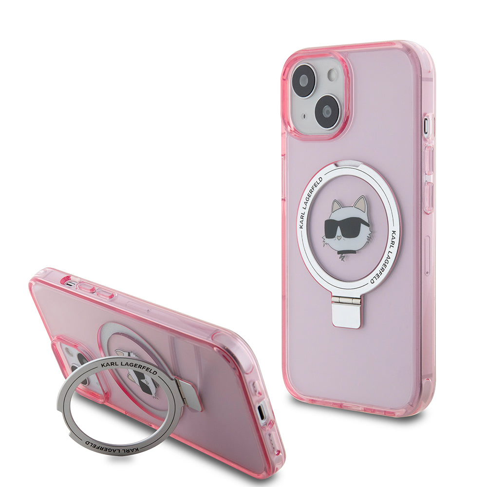 Husa MagSafe za Apple iPhone 15, Karl Lagerfeld, Ring Stand Choupette's Head, Roze