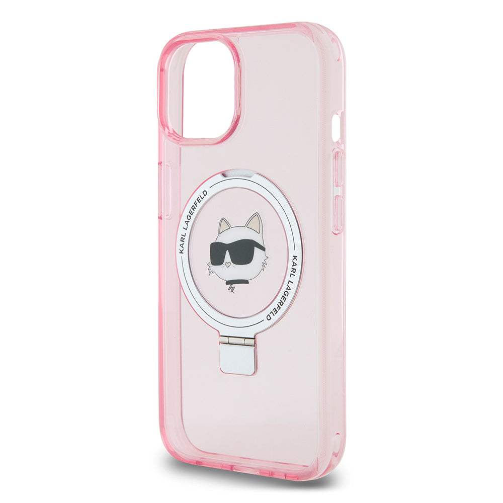 Husa MagSafe za Apple iPhone 15, Karl Lagerfeld, Ring Stand Choupette's Head, Roze