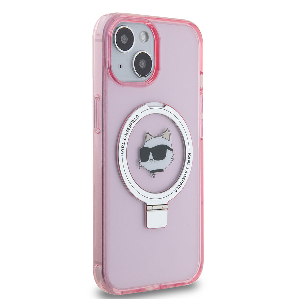 Husa MagSafe za Apple iPhone 15, Karl Lagerfeld, Ring Stand Choupette's Head, Roze