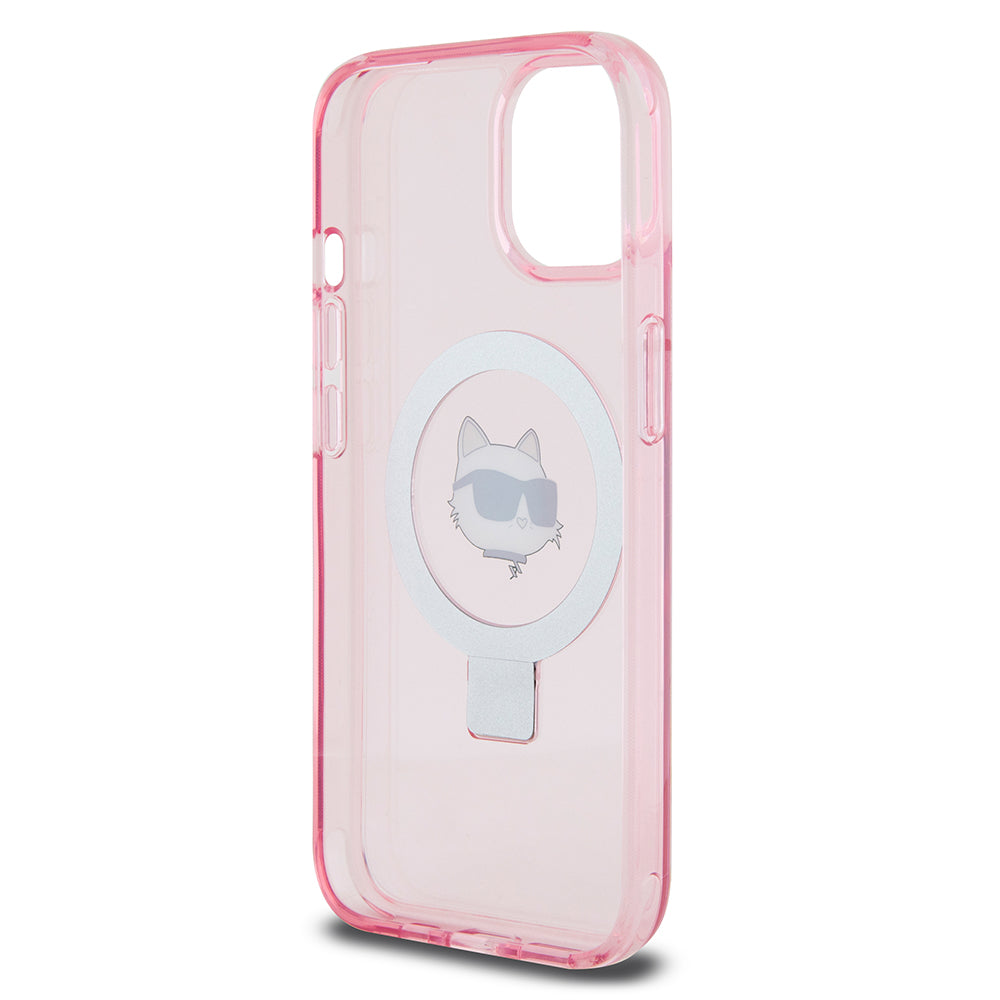 Husa MagSafe za Apple iPhone 15, Karl Lagerfeld, Ring Stand Choupette's Head, Roze