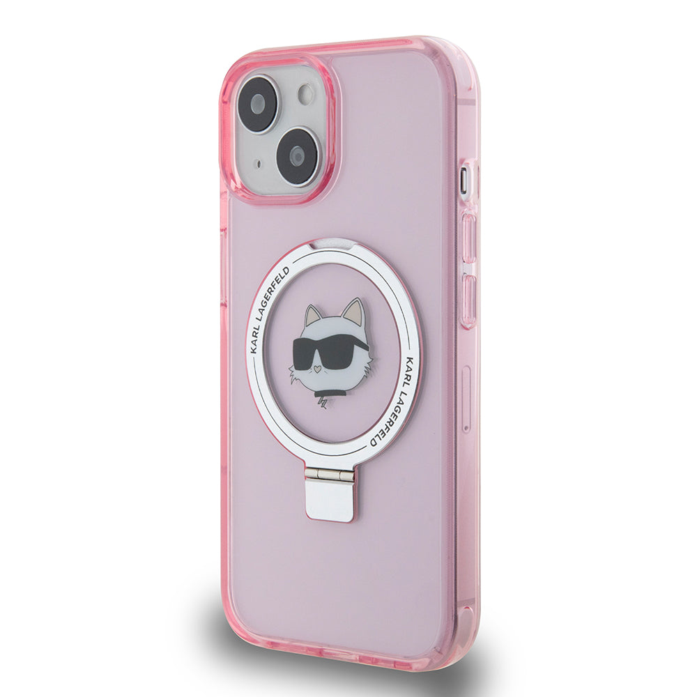 Husa MagSafe za Apple iPhone 15, Karl Lagerfeld, Ring Stand Choupette's Head, Roze