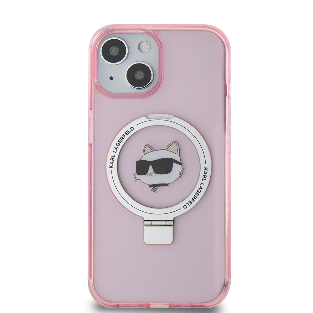 Husa MagSafe za Apple iPhone 15, Karl Lagerfeld, Ring Stand Choupette's Head, Roze