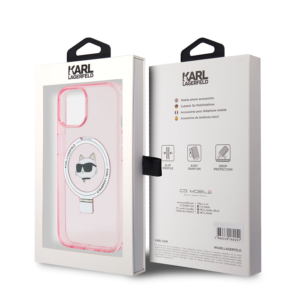 Husa MagSafe za Apple iPhone 15, Karl Lagerfeld, Ring Stand Choupette's Head, Roze