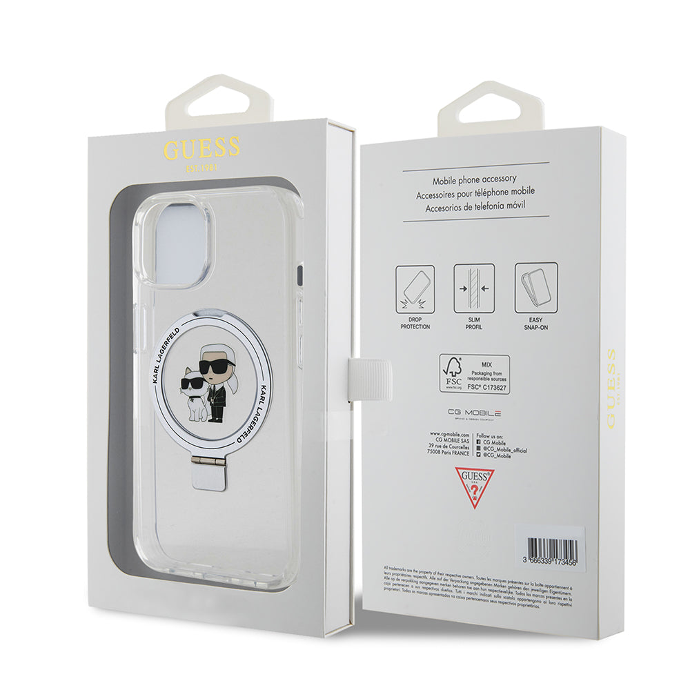 Futrola MagSafe za Apple iPhone 15, Karl Lagerfeld, Ring Stand Karl & Choupette, Bela