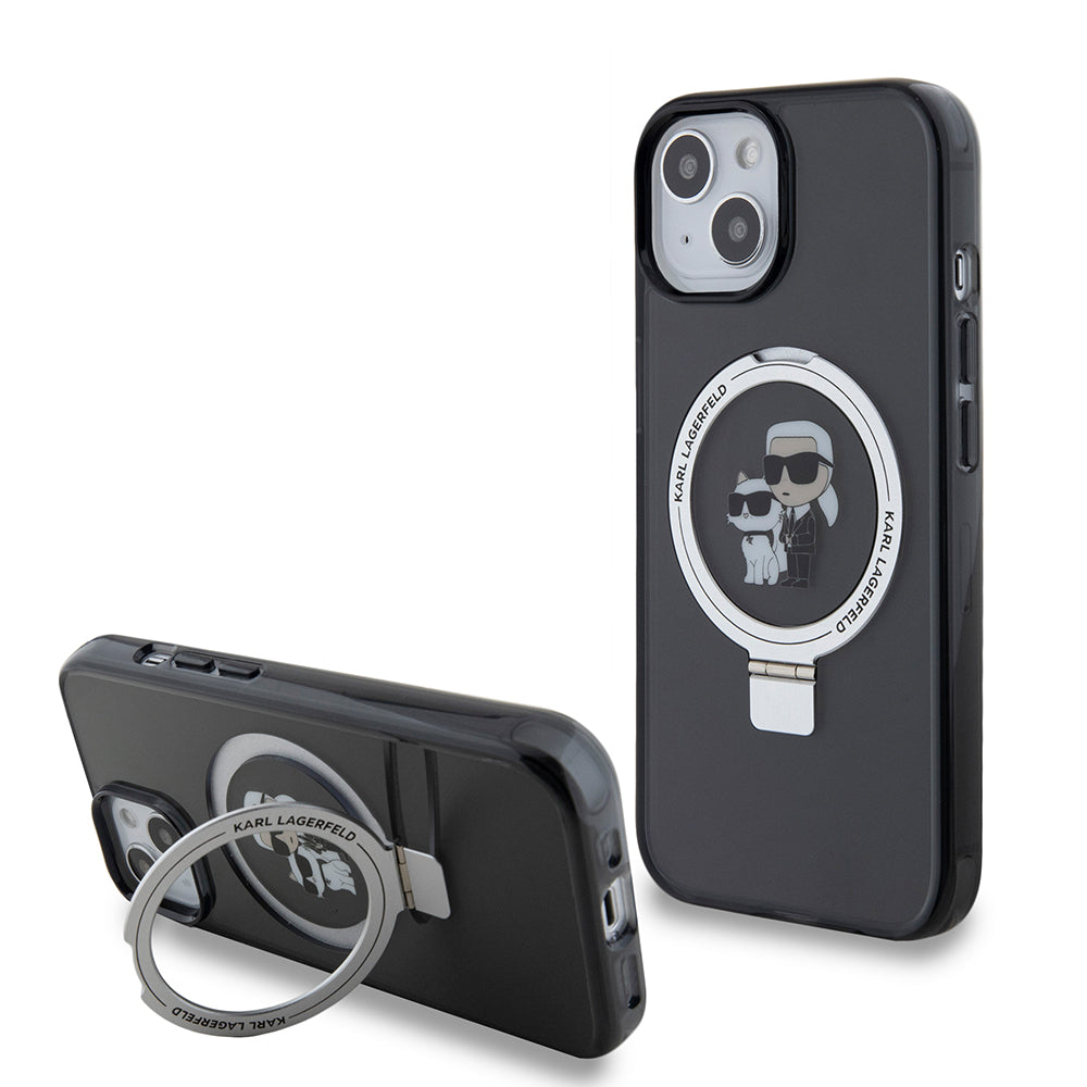 Futrola MagSafe za Apple iPhone 15, Karl Lagerfeld, Ring Stand Karl & Choupette, Crna