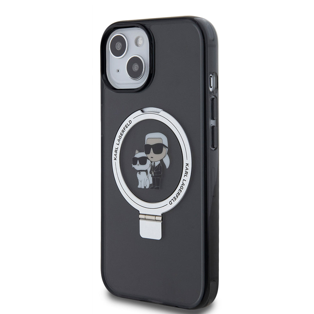 Futrola MagSafe za Apple iPhone 15, Karl Lagerfeld, Ring Stand Karl & Choupette, Crna