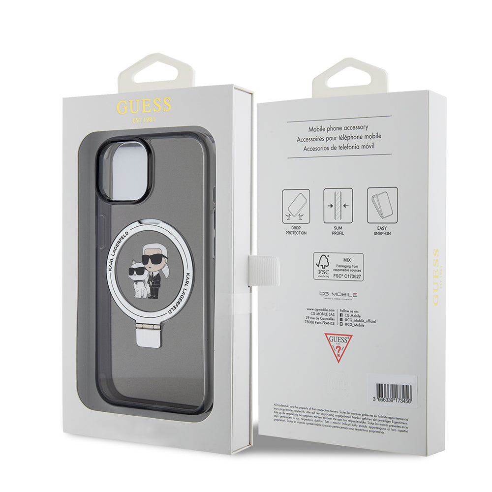 Futrola MagSafe za Apple iPhone 15, Karl Lagerfeld, Ring Stand Karl & Choupette, Crna