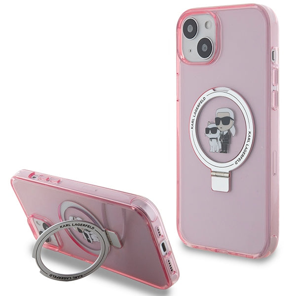 Husa MagSafe za Apple iPhone 15, Karl Lagerfeld, Ring Stand Karl & Choupette, Roze