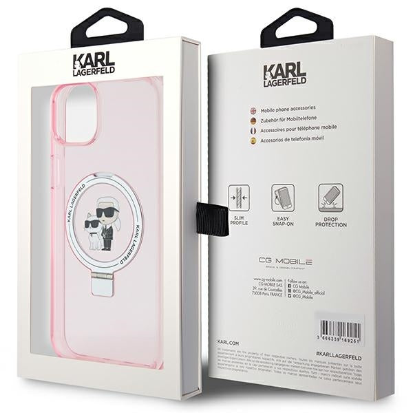 Husa MagSafe za Apple iPhone 15, Karl Lagerfeld, Ring Stand Karl & Choupette, Roze