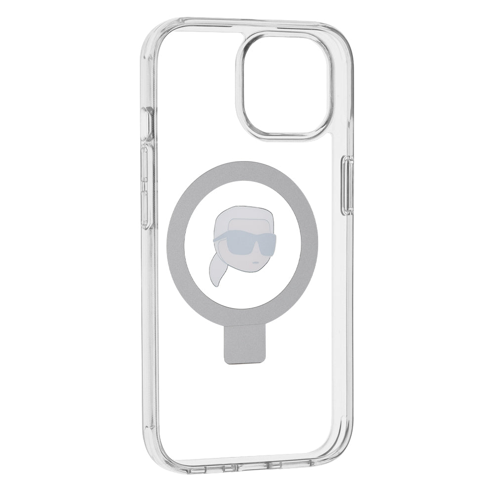 Husa MagSafe za Apple iPhone 15, Karl Lagerfeld, Ring Stand Karl's Head, Bela