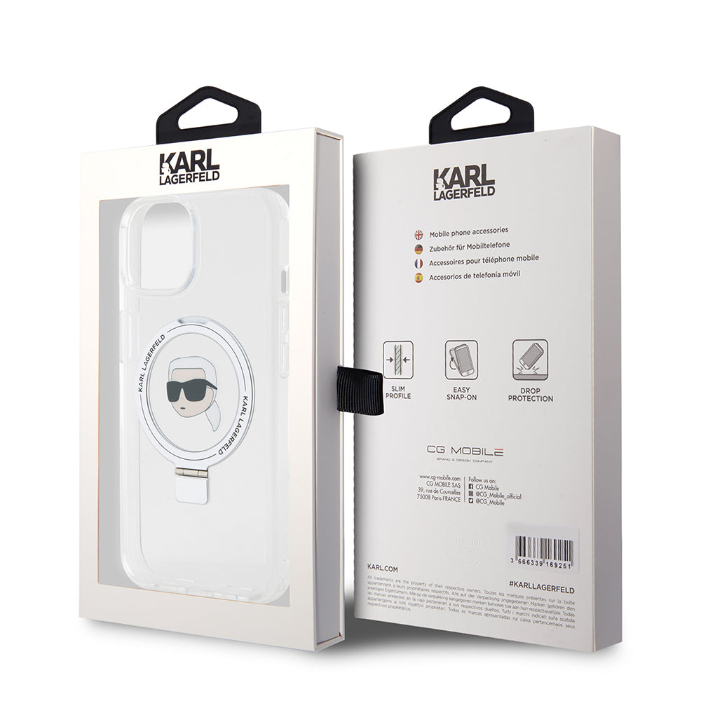 Husa MagSafe za Apple iPhone 15, Karl Lagerfeld, Ring Stand Karl's Head, Bela