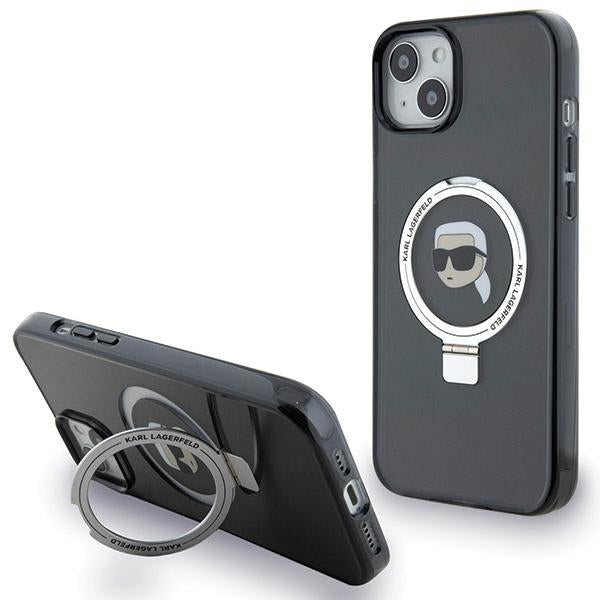 Husa MagSafe za Apple iPhone 15, Karl Lagerfeld, Ring Stand Karl's Head, Crna
