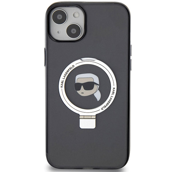 Husa MagSafe za Apple iPhone 15, Karl Lagerfeld, Ring Stand Karl's Head, Crna
