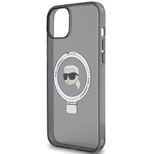Husa MagSafe za Apple iPhone 15, Karl Lagerfeld, Ring Stand Karl's Head, Crna